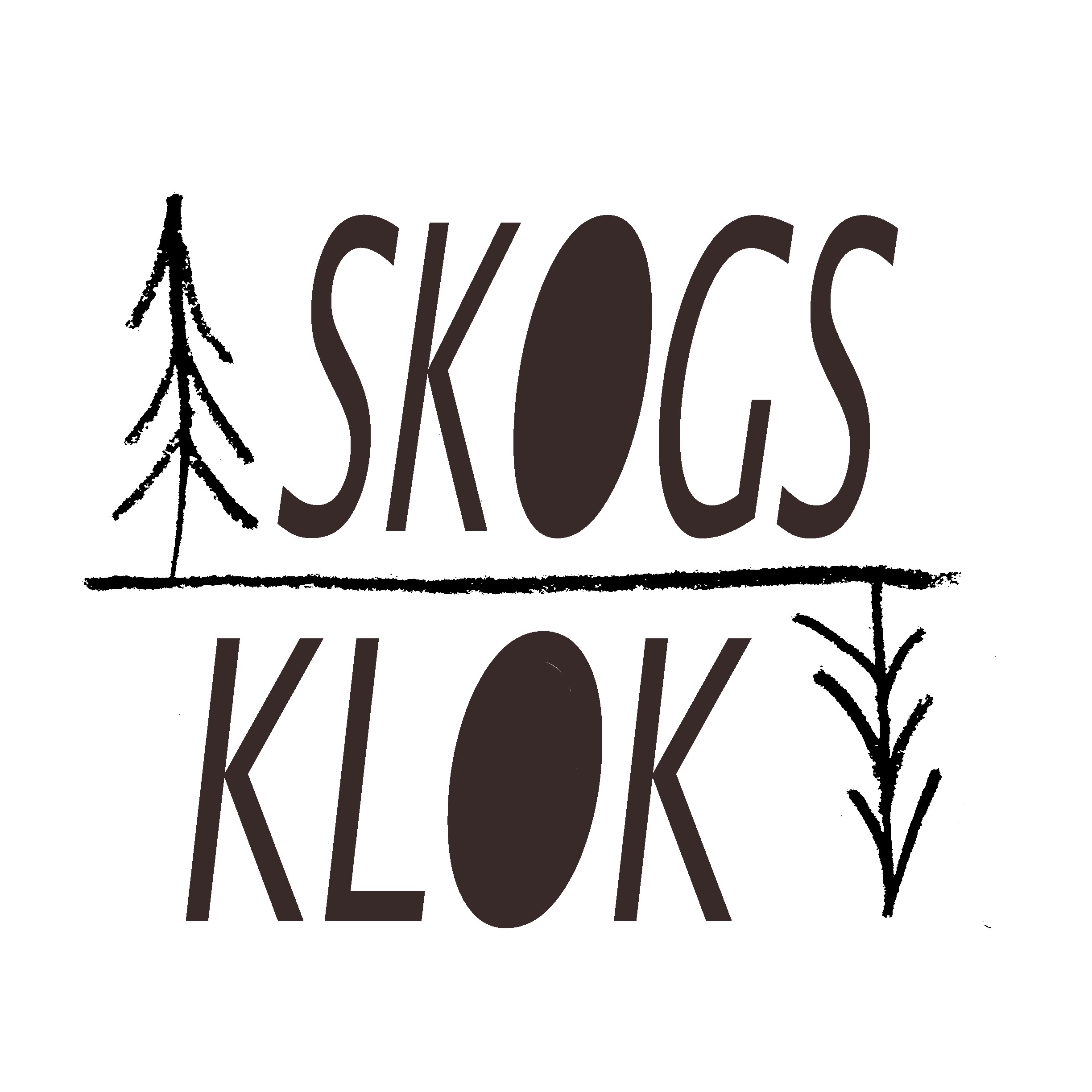 Texten "SKOGSKLOK" med ritade granar intill