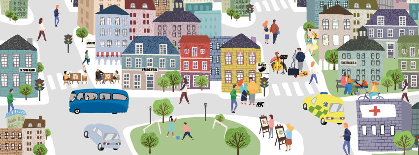 Illustration med en myllrande stadsbild