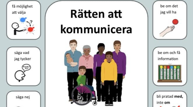 En bild på en grupp personer med olika hudfärg, ålder och kön. Text ovanför är Rätten att kommunicera.